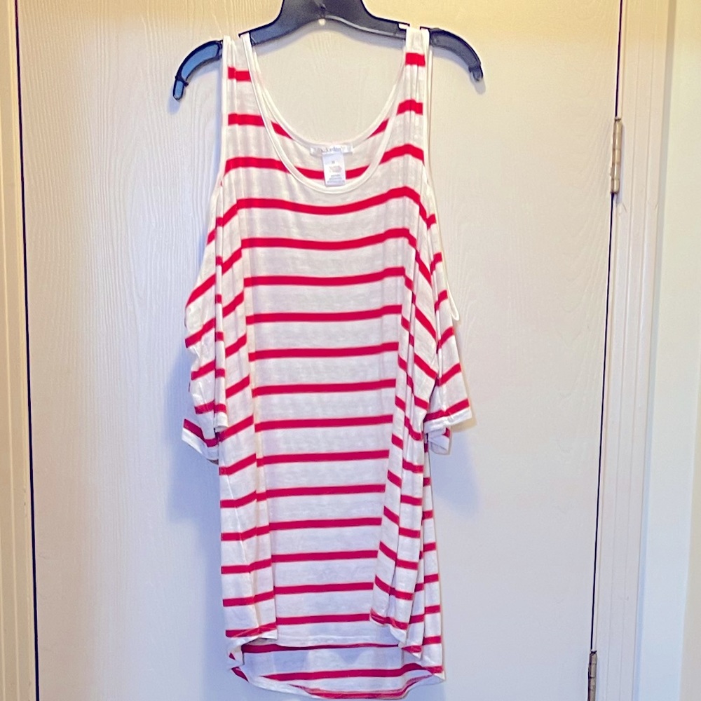KJordan Coral and White Striped Cold Shoulder Scoop neck tunic tee Size 3X
